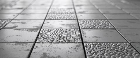 Monochromatic View of Structured Square Tile Floor Covering with Uneven Surface and Neutral Gray Coloring with an Abstract Decorative Texture photo