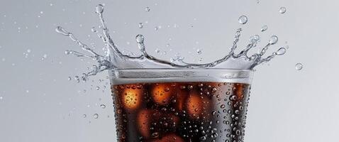 Refreshing fizzy cola with dynamic splashes and glistening condensation creating a captivating and appetizing visual photo