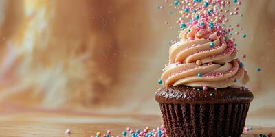A Delicious Chocolate Cupcake Topped With Swirled Frosting Sprinkles photo