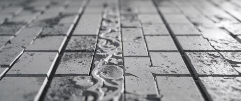 Monochromatic View of Structured Square Tile Floor Covering with Uneven Surface and Neutral Gray Coloring with an Abstract Decorative Texture. photo