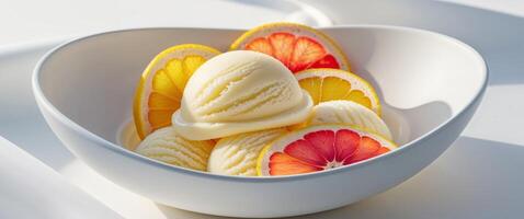 A bowl of ice cream with slices of orange and grapefruit photo