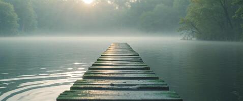 A wooden pier in the middle of a lake photo