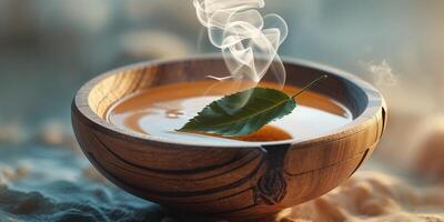 A bowl of hot tea with a leaf in it photo