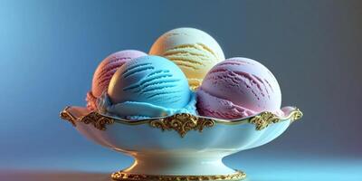 Three ice cream scoops in a bowl on a table photo