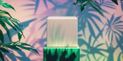 A white cube with a green plant in front of it photo