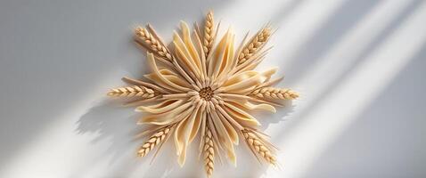 A wheat and pasta sculpture on a white wall photo