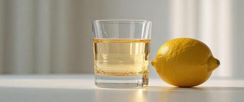 A shot glass with lemon and a lemon photo