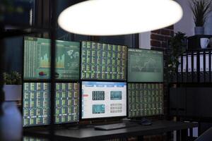 Empty desk with multi screens displaying forex charts, ready for the team to begin trading in modern, tech savvy workplace. Desktop monitors showing financial data, prepared for night shift workers photo