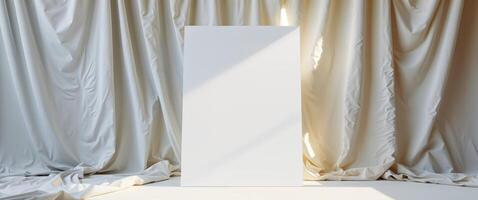 An empty white square in front of a curtain photo