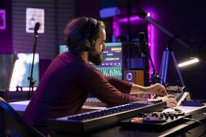 Musical producer working on artistic post production with editing and synchronizing recorded songs. Artist songwriter using digital audio workstation interface to manipulate tunes, audio effects. photo