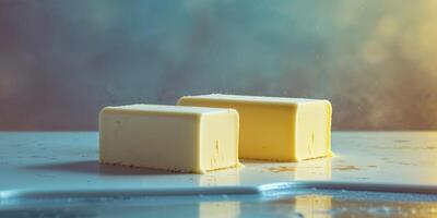 Two rectangular portions of butter presented on a surface photo