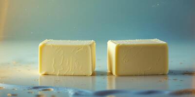 Two rectangular portions of butter presented on a surface. photo