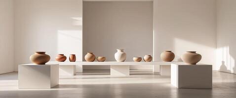 Ceramic and woven vessels displayed in a spacious gallery with natural light in a contemporary setting. photo