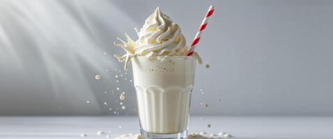 A delightful creamy vanilla milkshake with whipped cream and playful splashes served in a clear glass with a striped straw evoking a refreshing and indulgent treat. photo