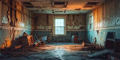 Grungy Empty Room with Weathered Walls and Concrete Floor photo