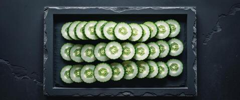 Slices of cucumber arranged in a frame on a dark surface photo