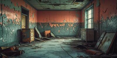 Grungy Empty Room with Weathered Walls and Concrete Floor. photo