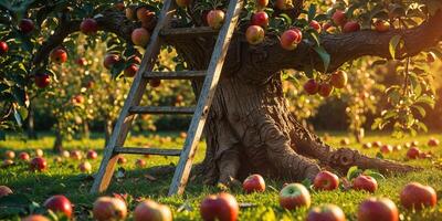 Sunny orchard with ladder leaning on apple tree and scattered fruit. photo
