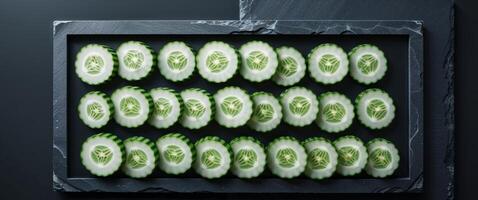 Slices of cucumber arranged in a frame on a dark surface. photo