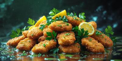 Crispy golden breaded fish nuggets with lemon slices and parsley garnish on dark background. photo