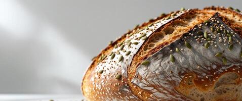 Macro shot of artisan sourdough bread with golden crust and seeds photo