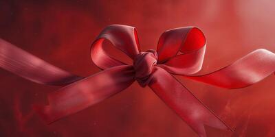 Red Ribbon Tied In A Simple Knot On Red Background. photo