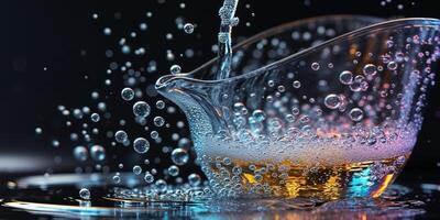 Water pitcher with bubbles close up refreshing drink hydration clear glass black background beverage photo