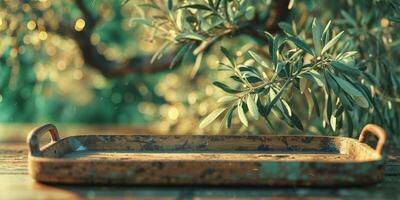 A wooden tray with a leafy olive tree in the background photo