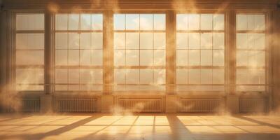 A room with a large window that lets in a lot of sunlight photo