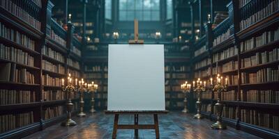 Blank Canvas on Easel in Library Setting photo