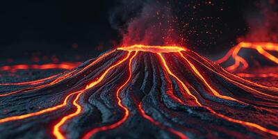 A volcano with lava and red hot lava photo
