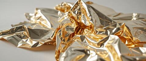 Crumpled Gold Foil Texture Close Up with Bright Metallic Shine photo