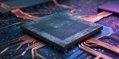 Abstract Closeup of a Gray Chip on a Circuit Board with Copper Lines. photo