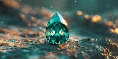 a stunning teal gemstone in a pear shape resting on a textured surface showcasing its brilliance and intricate facets photo