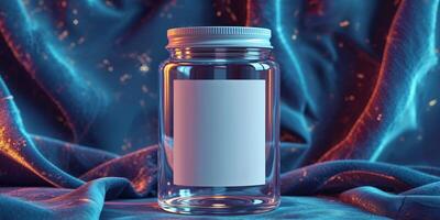 empty glass jar product with blank label mock up template. photo