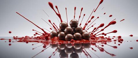 Chocolate covered in red liquid splashes on a table photo