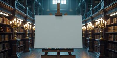 An easel with a blank canvas in a library photo