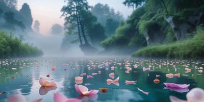 Pink lotus flowers floating in a river photo