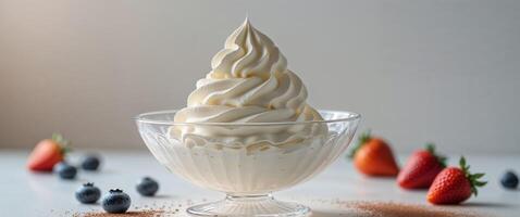 A bowl of whipped cream with strawberries and blueberries photo