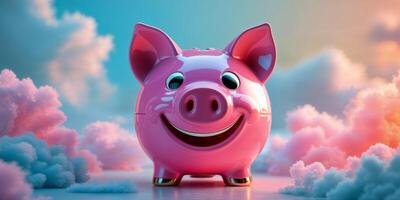 Pink piggy bank with clouds and sky background photo