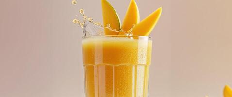 Refreshing glass of fresh mango juice with a splash and mango slices. photo