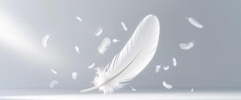 A luminous white feather surrounded by multiple smaller floating feathers. photo