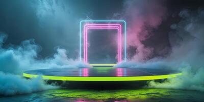 Glowing Stage Platform with Neon Lights and Smoke for Product Display. photo