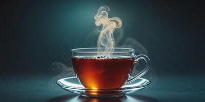 Steaming Cup of Black Tea with Dark Background and Reflection. photo