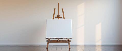 An easel with a blank canvas in front of a white wall photo