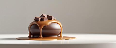 A chocolate ball with caramel drizzled on top photo