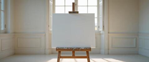 An easel with a blank canvas in an empty room photo