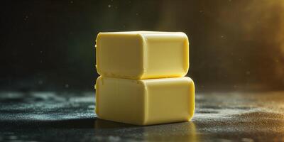 Two yellow butter cubes stacked on top of one another photo