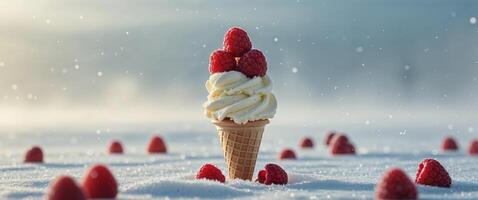 Indulgent Ice Cream Cone Topped with Raspberries in a Winter Scene. photo