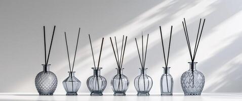 Six vases with sticks in them on a white surface photo